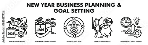 new year business planning and goal setting banner web vector illustration with icons of annual goal setting, new year planning support, business reset plan, forecasting consult, productivity