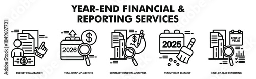 year end financial and reporting services banner web vector illustration with icons of budget finalization, annual tax prep assistance, contract renewal analytics, yearly data cleanup