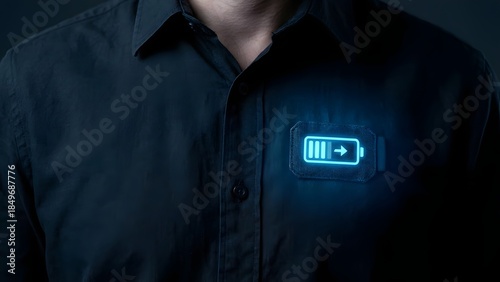 Man with glowing battery icon on shirt.