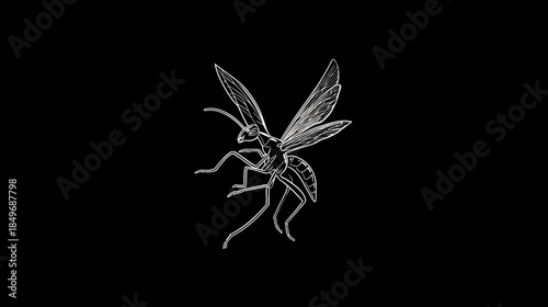 Minimalist white line drawing of a flying wasp or hornet insect with detailed wings on a stark black background. Vector art style.