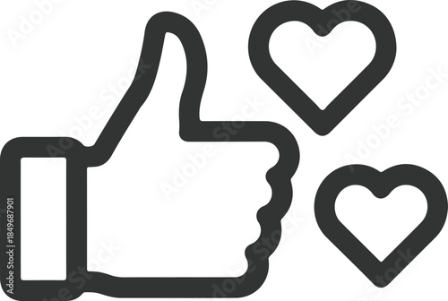 A black outline of a hand giving a thumbs up with hearts floating above