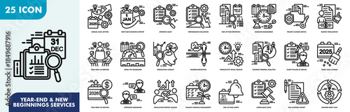 Year-end & New Beginnings Services Icon Set Collection. Consist Of annual goal setting, new year planning support, strategic audit, performance evaluation. Simple Vector Illustration.