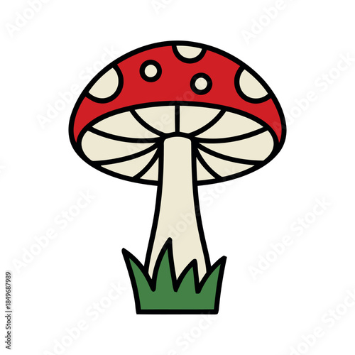 Colorful cartoon fly agaric mushroom  with red cap and white spots, growing in grass, simple doodle style vector.