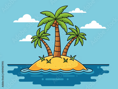 Lush tropical island illustration with three palm trees on sandy beach, surrounded by blue ocean, ideal for summer vacation, travel, and serene escape