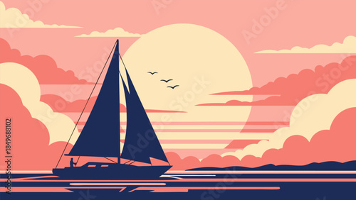 Stylized graphic of a sailboat on calm waters at sunset or sunrise, featuring a vibrant sky with warm pink and orange hues and a large sun