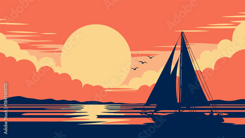 Majestic sailboat cruising through a calm sea at sunset, a stunning vector art piece evoking tranquility and escape