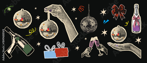 set of Hand holding disco ball halftone collage art cutouts. retro vintage dot texture vector illustration. gift box, red bow, champagne glass, wine, cocktail for New Year or birthday party.