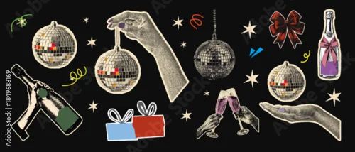 Obraz set of Hand holding disco ball halftone collage art cutouts. retro vintage dot texture vector illustration. gift box, red bow, champagne glass, wine, cocktail for New Year or birthday party.