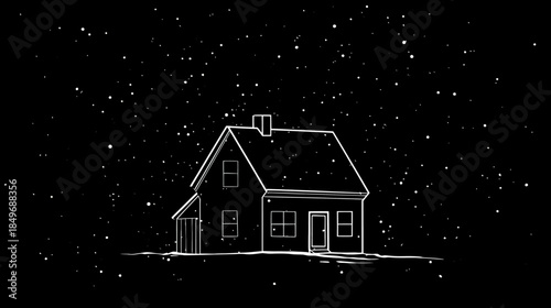 Minimalist hand-drawn outline sketch of a residential house under a vast, starry night sky. Simple architectural illustration.