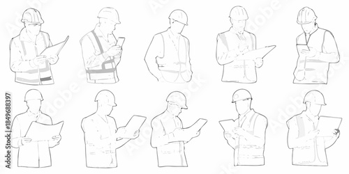 Line art illustration of construction workers in various poses and attire