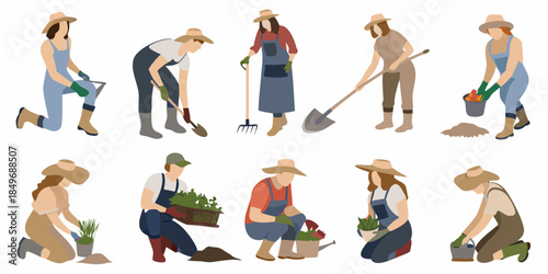 Diverse group of gardeners working with tools and plants in a field