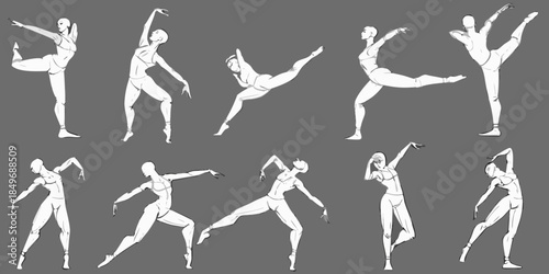 Dynamic poses of a dancer illustrated in a sequential sketch like style