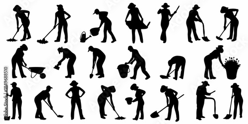 Collection of black silhouette figures engaged in various gardening and cleaning activities