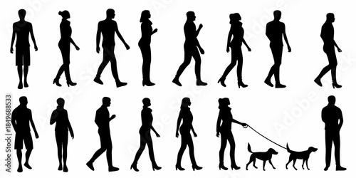 Silhouettes of people walking in various poses and a woman with a dog
