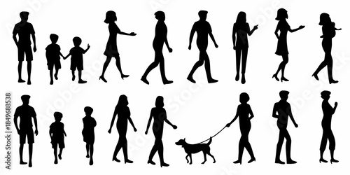 Diverse silhouettes of people walking running and interacting with pets