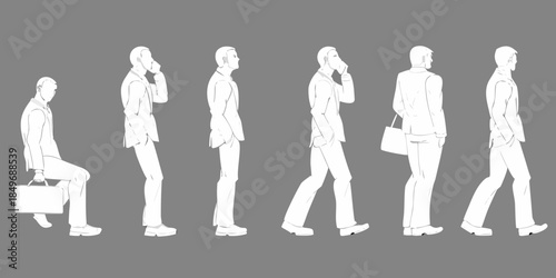 A series of figures in suits walking depicted in a minimalist style