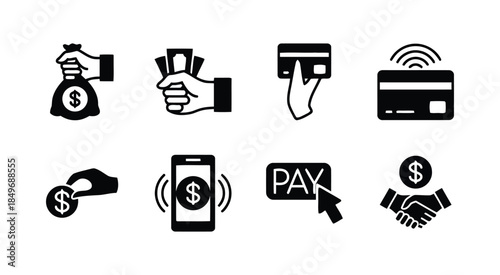 Money cash credit card financial payment banking invest and currency exchange business concept in black and white set collection