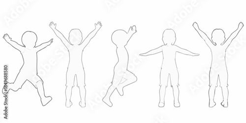 Line art illustration of five children with arms raised in joyful poses