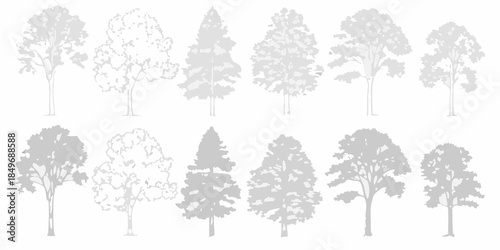 A collection of grayscale tree silhouettes in various shapes and sizes