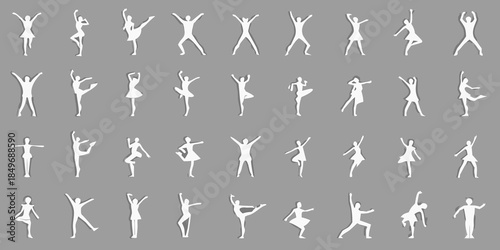 A collection of white silhouettes depicting various ballet dance poses and figures