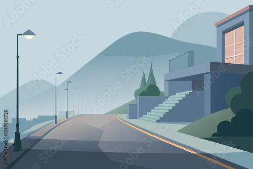 Winding Road Through Misty Mountains with Modern Architecture vector illustration