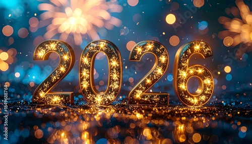 golden 2026 numbers with Fireworks. New Year's concept