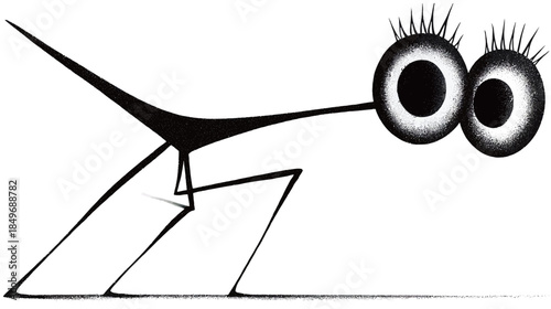 Stylized Black and White Cartoon Mosquito Illustration with Big Expressive Eyes and Long Eyelashes, Minimalist Design