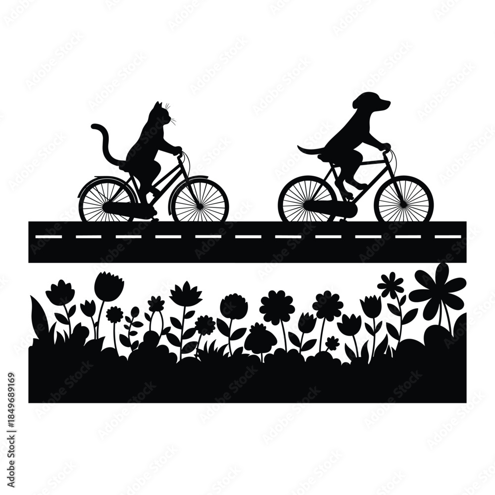 Obraz premium Cat and dog cycling together on a road with flowers below