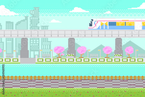SkyTrain in city with park below and building background in pixel game scene.