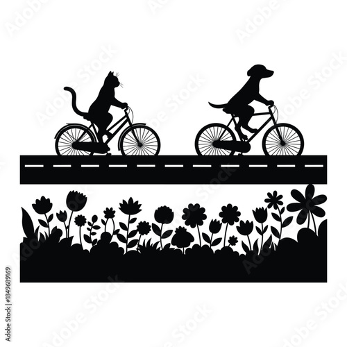 Cat and dog cycling together on a road with flowers below