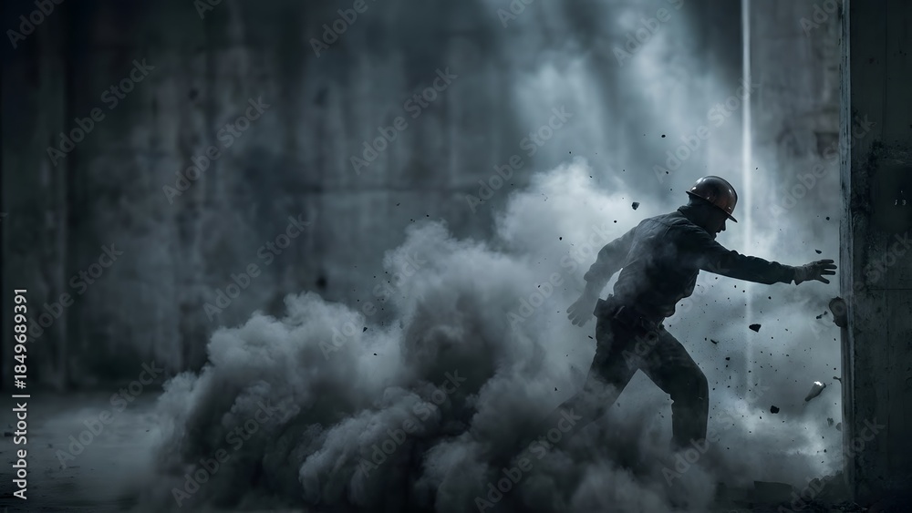 Obraz premium Man Emerging from Smoky Dark Environment.