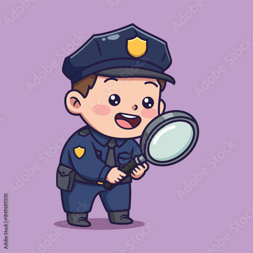 Cute Cartoon Child Dressed as Police Officer Holding Magnifying Glass Vector Illustration