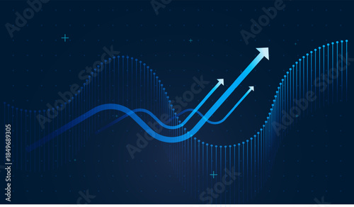 A smooth curve connects each bar, symbolizing continuous financial performance tracking. with Glowing blue bars rise and fall along a flowing line, visualizing dynamic market