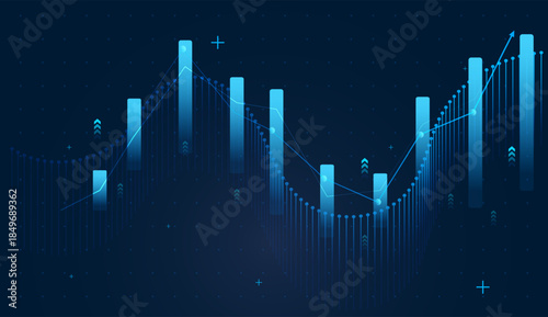 Glowing blue bars rise and fall along a flowing line, visualizing dynamic market cycles and recovery for market up trend. vector illustration