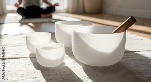 Set of white quartz crystal singing bowls used for sound healing and meditation practice in morning sunlight.
