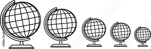 Set of five black and white globe icons in different sizes with longitude latitude grid lines for global geography