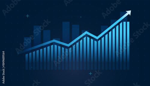 The Upward arrows atop key bars highlight profitable growth moments and bullish sentiment. Overlapping bars show diversified income streams and digital products