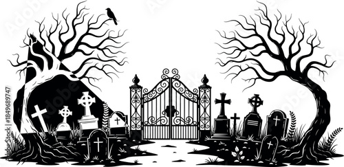 Spooky Halloween graveyard silhouette with wrought iron gates old tombstones bare trees and a crow on white background