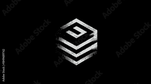 Stylized grunge textured abstract cubic shape with a complex maze-like design on its surface, isolated on a deep black background.