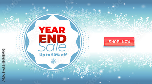 Editable text vector banner for year end sale promotion with snowflakes on winter background. Text is not outlined. Fonts are not included. Clean modern layout for websites ads and social media.