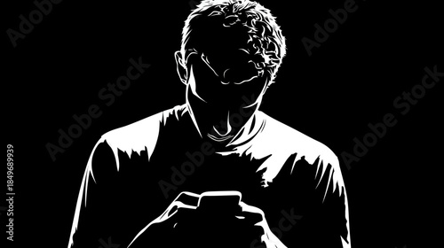 Anonymous young man intensely focused on smartphone in dramatic silhouette, depicting digital addiction, privacy, and technology use.