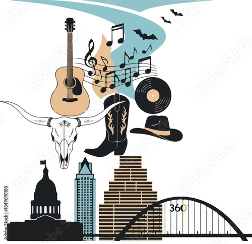 Austin Texas music city collage featuring guitar skull boots skyline and river design elements