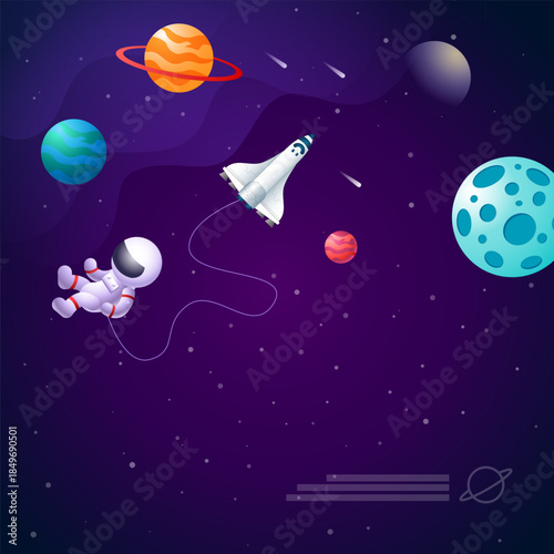 Astronaut and space shuttle illustration with colorful planets in outer space