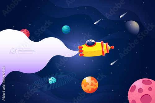 Rocket launch illustration in outer space with dynamic smoke trail