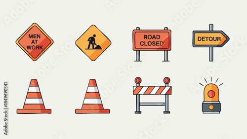 roadwork warning signs and traffic cones set.