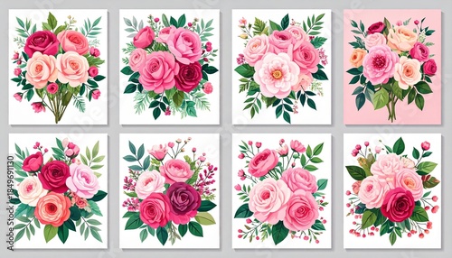 Beautiful flower collection of posters with roses, leaves, floral bouquets, flower compositions.
