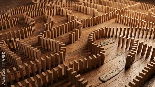 Dominoes arranged in a maze pattern on wooden table.