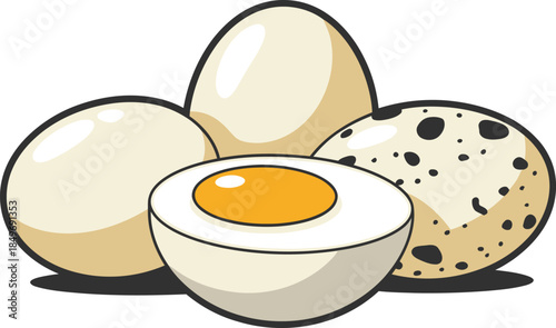 A collection of whole and cut eggs showing a yolk in a shell isolated on transparent background