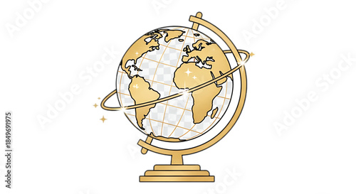 Golden globe representing global connection and exploration on a white background.
