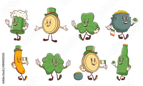 Groovy Saint Patrick Day Retro Characters Illustrations Set. Cartoon Green Ale Beer Tankard Glass, Shamrock, Cauldron Pot and gold Coins Walking Smiling Vector Irish Spring Holiday Mascot Templates